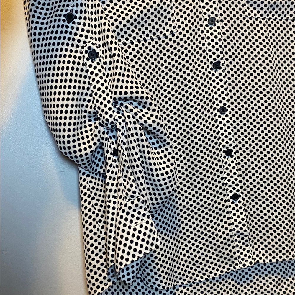 Express Boyfriend Button Up Shirt Women’s Small White Black Polka Dot Roll Tab - Picture 5 of 13